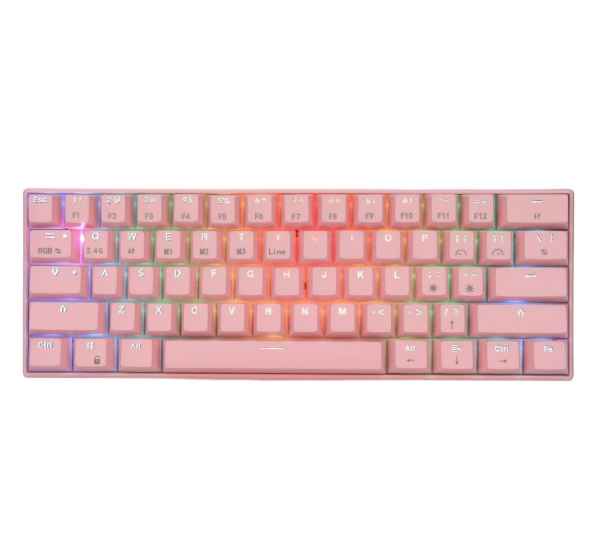 EAGLE WARRIOR KA-Y182 ROSADO / TECLADO MECANICO 60% INALAMBRICO / SWITCH BLUE / CONEXION WIRELESS / BLUETOOTH / USB / LUCES LED RGB / ESPAÑOL